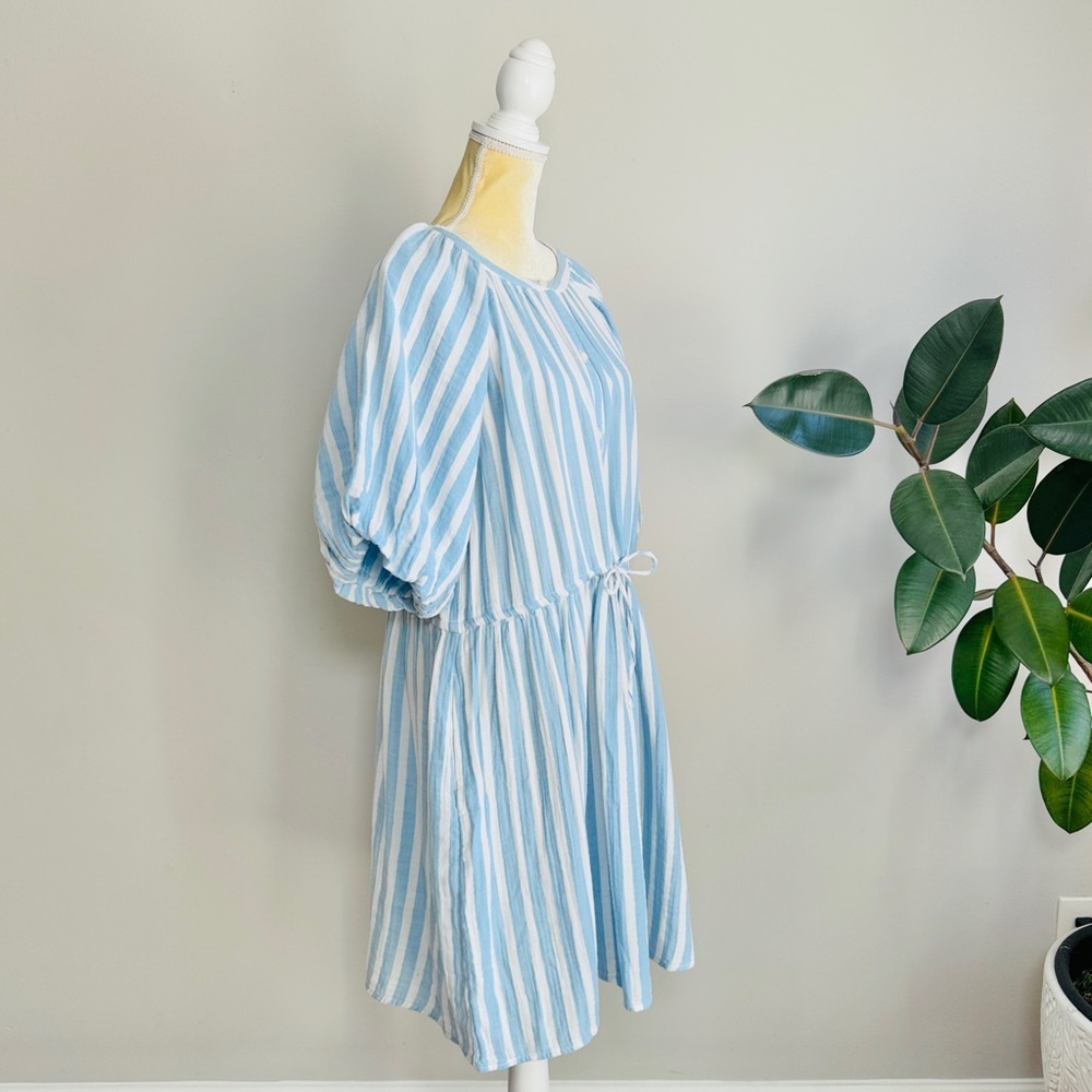 Old Navy Waist-Defined Puff-Sleeve Stripe Gauze Mini Shirt Dress size LTall NWT - Picture 6 of 10